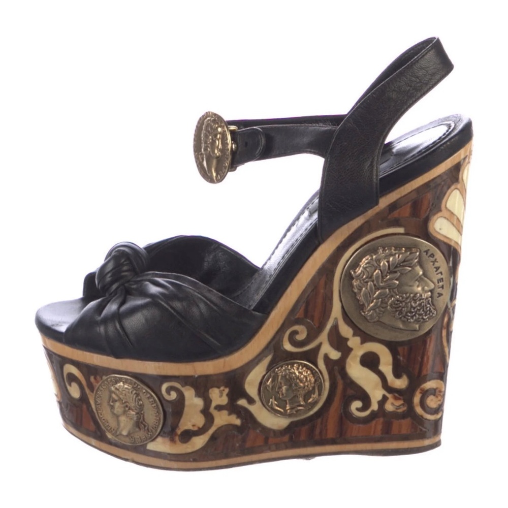 Dolce Gabbana   Roman Coins embellished   wedge Roman  leather sandals   IT 36